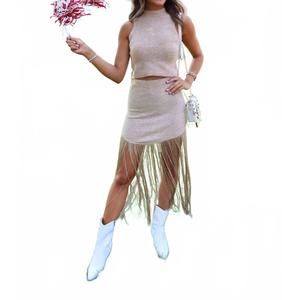 NEW CLOUD TEN fringe knit sweater skirt set in tan